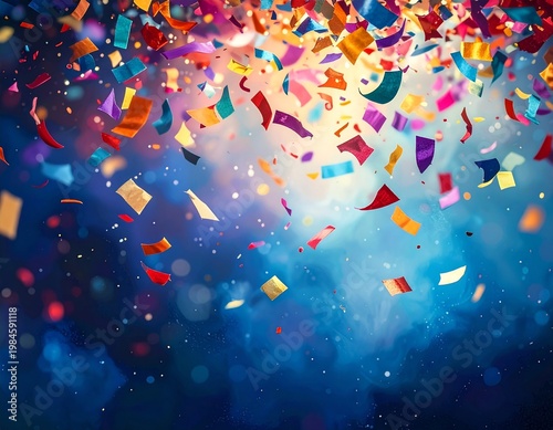 Colorful Confetti Explosion Over Blurred dark blue Background for Party Celebration and Festive Events