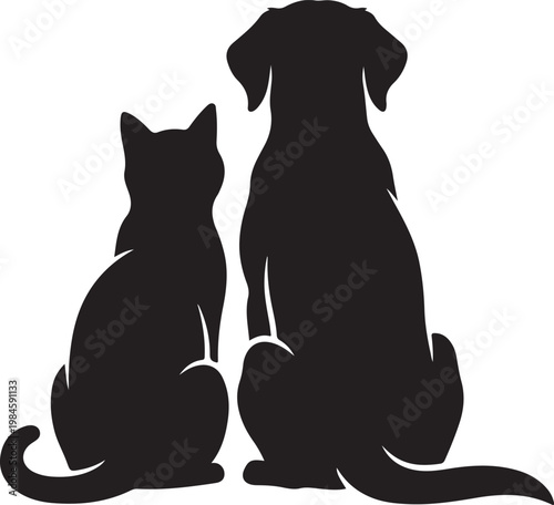Silhouette of a cat and a dog sitting side-by-side with silhouette friendship companion domestic creature illustration companionable together observing peaceful