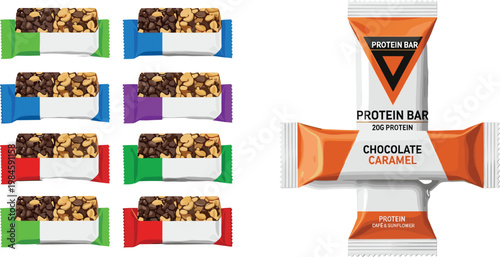 Protein Bar Snack Collection with Chocolate Caramel Energy Bars and Packaged Fitness Nutrition Food Vector Illustration Set