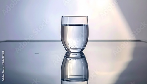 A glass of clear water on a reflective surface.