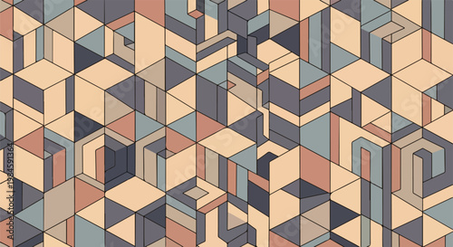abstract isometric cube mosaic geometric pattern in beige blue gray background