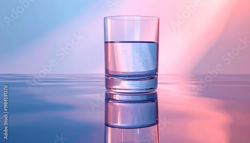 A glass of clear water on reflective surface with colorful background.