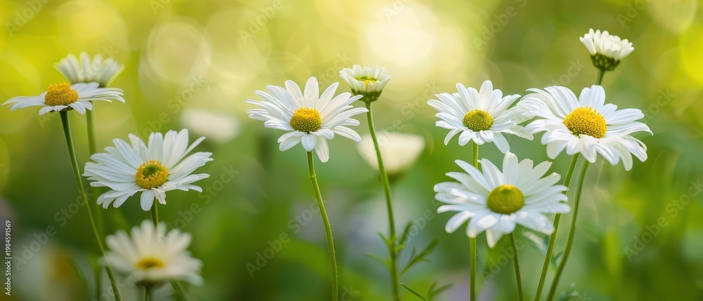 Fototapeta premium Delicate white daisies with yellow centers glowing in soft spring sunlight. Fresh natural floral background with gentle bokeh and seasonal atmosphere.