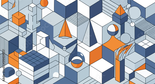 abstract geometric cube pattern with blue and orange accents