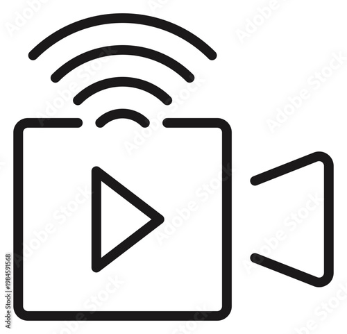 Black vector icon of a video camera with a play button and wireless signal waves, representing live streaming, broadcasting, and online video content. Minimalist line art graphic illustration.