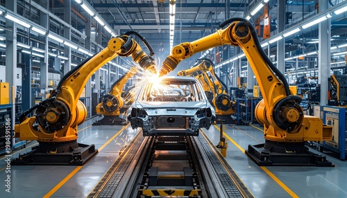 Automated car assembly line with yellow robotic arms welding frames, symbolizing industrial automation, precision engineering, and modern vehicle production.