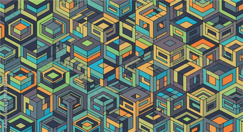 isometric cube pattern in teal blue orange tessellated geometric design