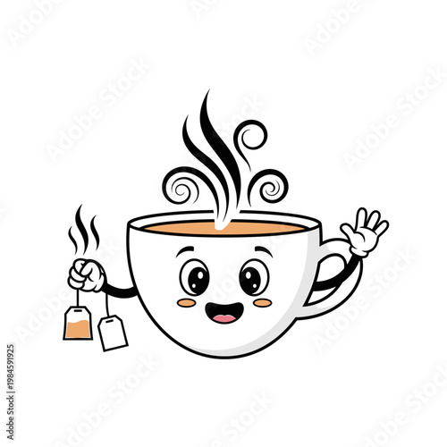 Smiling cartoon teacup character with steam holding a tea bag and waving hello