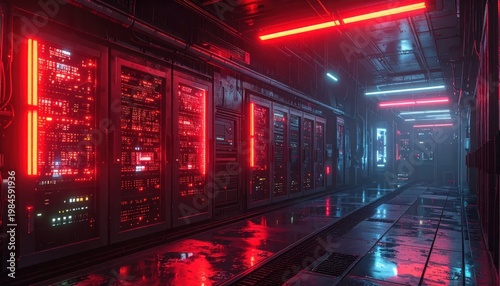 Futuristic Cyberpunk Alleyway with Neon Lights and Server Racks.