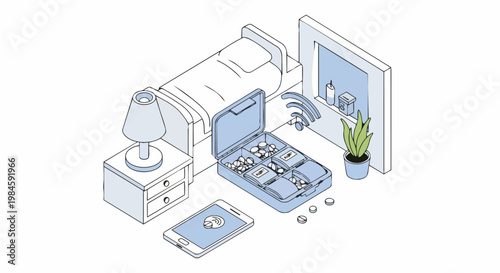 Smart Pillbox with Mobile App Notification in Isometric Bedroom Setting - Digital Healthcare and Medication Management Concept