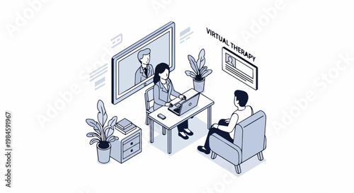 Isometric Virtual Therapy and Online Counseling Concept with Patient and Therapist in a Modern Office Setting - Telehealth and Mental Health Support Illustration