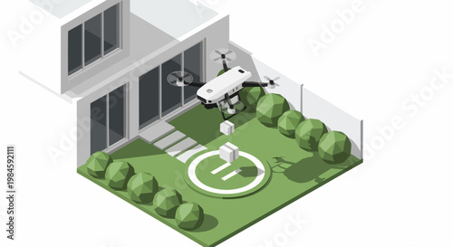 Isometric 3D Illustration of a Drone Delivering a Package to a Modern House Backyard with a Landing Pad