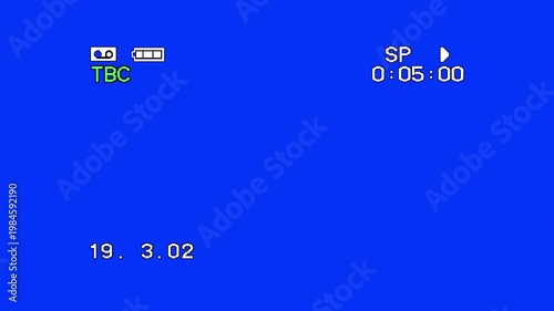 VHS camcorder interface overlay with timecode and date on blue screen
