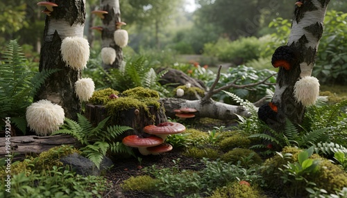 Enchanted forest floor mushrooms ferns and a mystical woodland scene