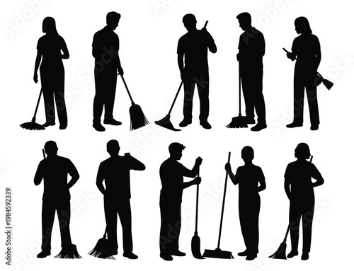 Cleaning staff silhouettes set, janitor workers with tools for housekeeping and maintenance illustration