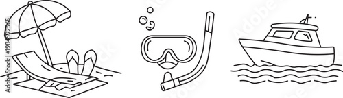 Summer vacation icons beach chair snorkel gear and boat hand drawn style