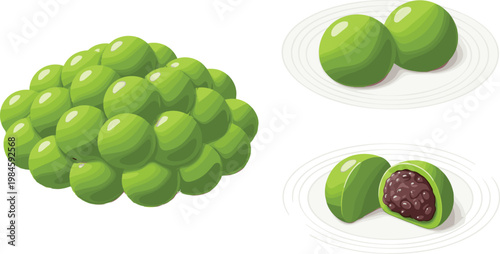 Japanese Sweet Dessert Collection with Green Mochi Daifuku and Matcha Rice Cakes Filled with Red Bean Paste Vector Illustration Set