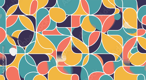 Colorful abstract geometric pattern with curved shapes in teal, coral, and navy