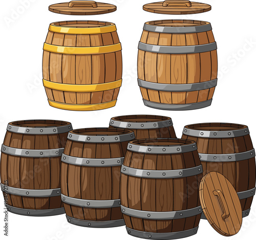 Wooden Barrel Collection with Multiple Storage Casks Vintage Wine and Beer Containers Rustic Wood Objects Vector Illustration Set