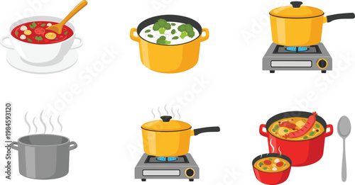 Cooking Pot and Soup Preparation Collection with Boiling Stew Vegetable Soup and Gas Stove Kitchen Utensil Vector Illustration Set