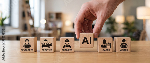 Hand placing AI block among job role blocks on table