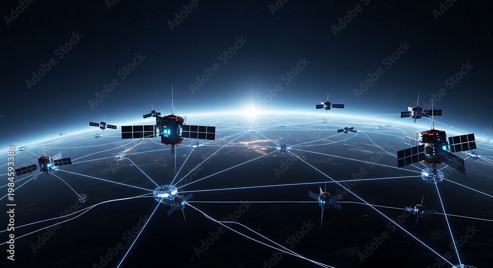 Fototapeta premium Satellites orbiting Earth emit signals connecting global network in space