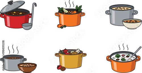 Cooking Pot and Soup Collection with Stew Broth Vegetable Soup and Serving Bowls Kitchen Food Preparation Vector Illustration Set