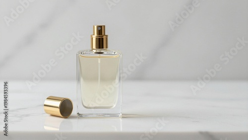 A clear glass perfume bottle with a golden spray nozzle and cap rests on a white marble surface. The lid is off, revealing the fragrance inside.