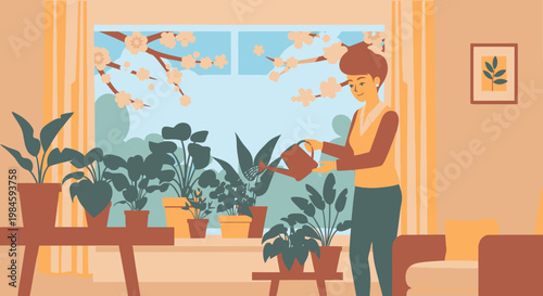 Woman watering plants in a cozy living room with large window.