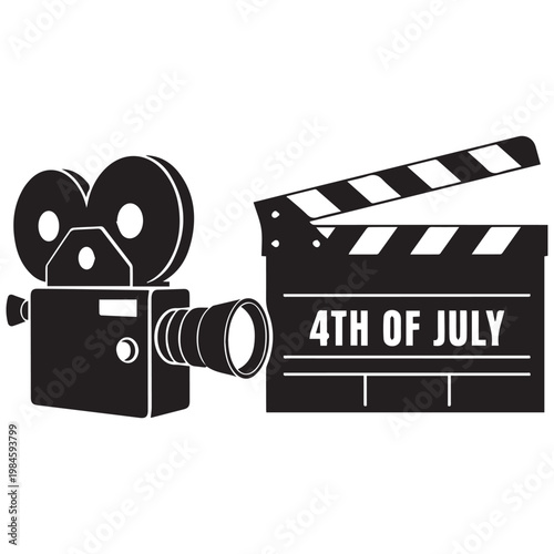 Film camera, movie clapperboard, 4th of July celebration, cinematic icon, black and white vector