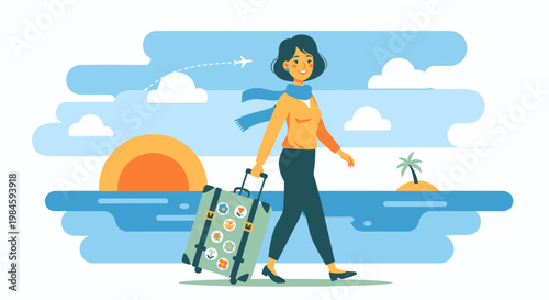 Woman walking with luggage on vacation.