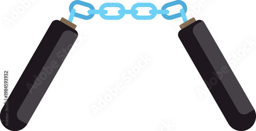 Black wooden nunchaku connected by a blue metal chain used for martial arts training
