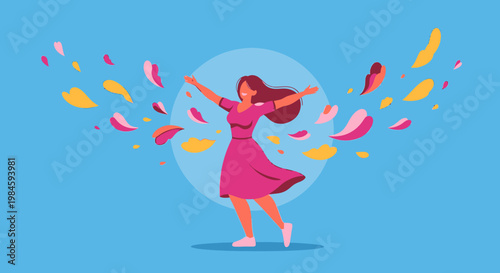 Woman dancing with colorful confetti.