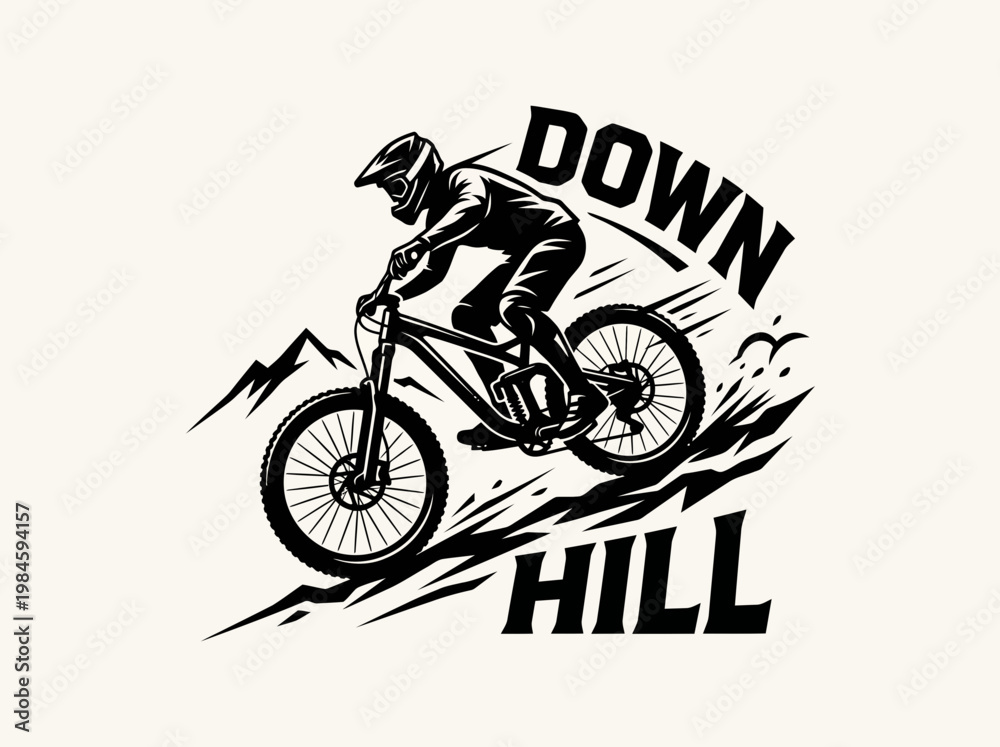 Obraz premium Downhill Mountain Biking Logo Vector – Extreme Cyclist Trail Ride Emblem Design