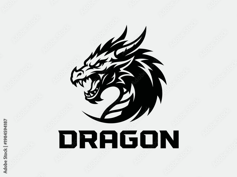 Fototapeta premium Fierce Dragon Head Logo Vector – Black Tribal Mythical Beast Emblem Design