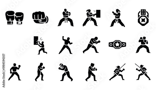 Martial arts icons set, 17 black silhouette vector elements of karate and boxing, combat sports training symbols for gym and competition