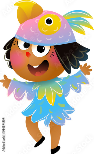 Happy cute little girl dressed up as a bird in a parrot costume. Funny cartoon kids parrot character for childhood celebrations and costume party. Vector illustration clip art for children.