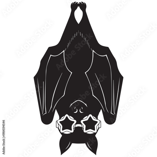 Black bat icon, hanging upside down, star-shaped objects, minimalist design, vector illustration