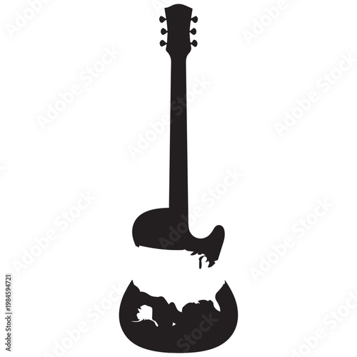 Shattered Guitar, Broken Instrument, Black Silhouette, Vector Illustration, Music Symbol