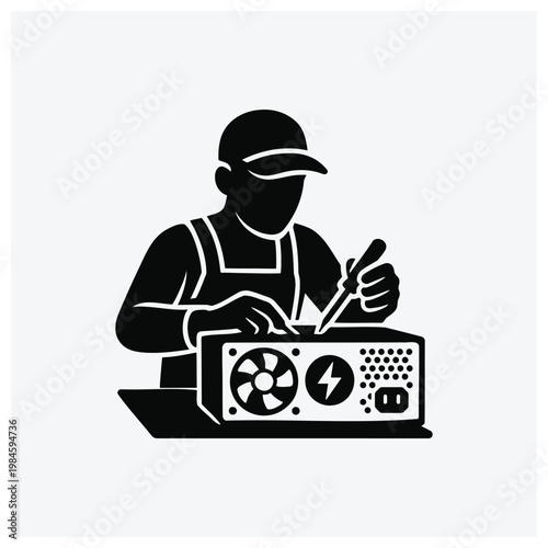 Silhouette of technician repairing computer, electronics repair
