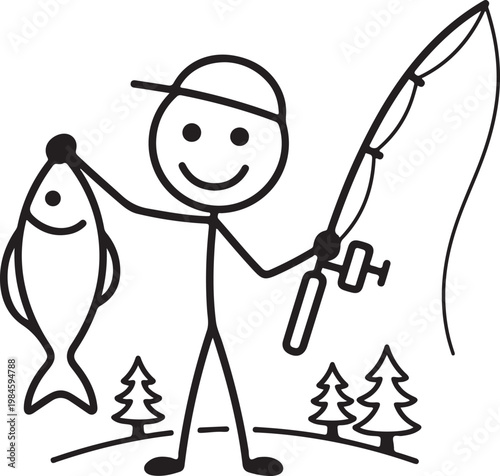Stick figure fisherman holding a freshly caught fish and fishing rod happy outdoors activity fisherman outdoors recreation activity vacation relaxation character