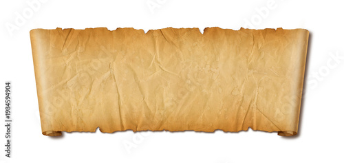 Old crumpled mediaeval Parchment paper scroll isolated on white