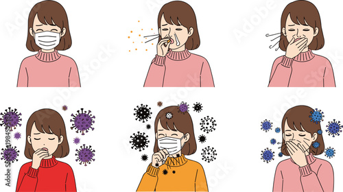 Cold and Flu Symptoms Illustration Set with Sneezing Coughing Runny Nose and Virus Spread Healthcare Medical Vector Collection