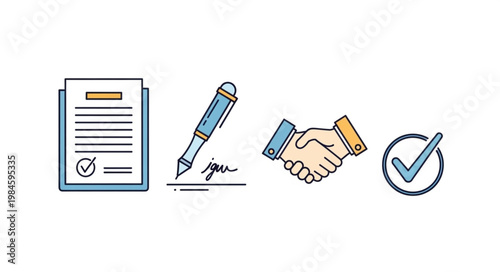 Business agreement contract signing handshake and checkmark icons.