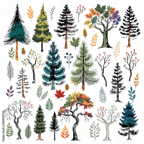Forest Tree Elements Pack, Vector Illustration of Diverse Trees and Woodland Foliage
