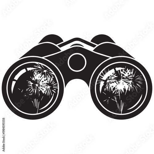 Black binoculars, fireworks view, night sky, celebration, vector icon