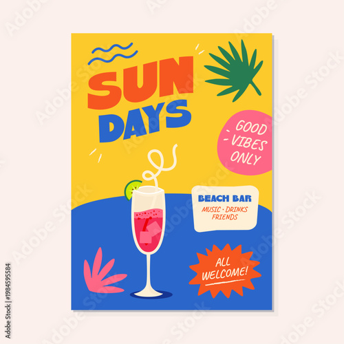 Pool Party Summer Poster Template. Tropical Beach Event Flyer, Cocktail Drinks and Music Vibes Design
