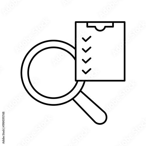虫眼鏡とチェックリストのマークを用いて、確認や調査を表現したアイコン