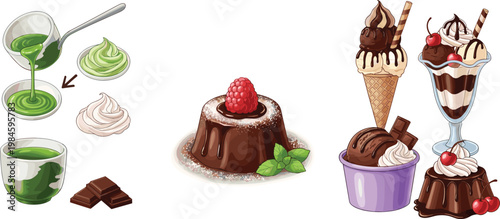 Dessert and Sweet Treat Collection with Chocolate Pudding Ice Cream Sundae Matcha Cream and Gourmet Sweets Vector Illustration Set