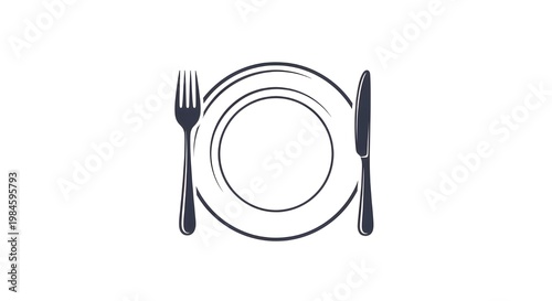 Simple vector illustration of a dinner plate with a fork and a knife on the sides